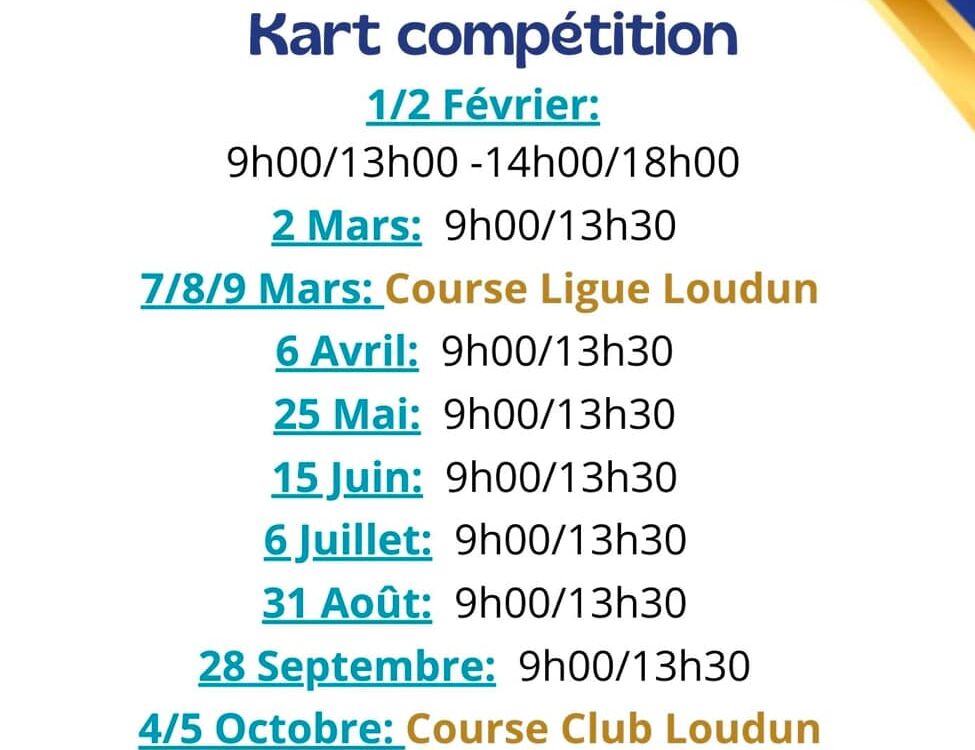 Calendrier compétitions Karting 2025